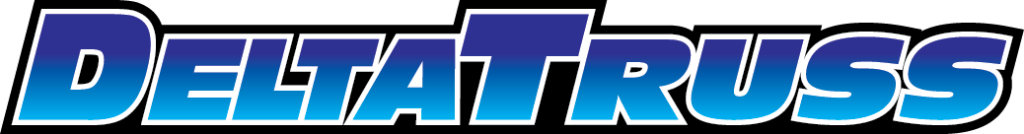 Logo with the word "DeltaTruss" in bold, gradient blue letters outlined in black. The text has a slanted, dynamic style on a light background.
