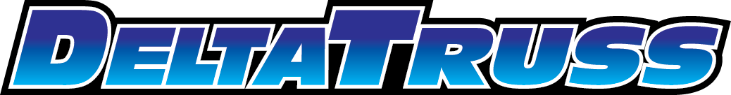 Logo with the word "DeltaTruss" in bold, gradient blue letters outlined in black. The text has a slanted, dynamic style on a light background.