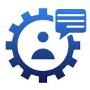 Blue gear icon with a person symbol in the center and a speech bubble with lines, representing settings or user communication, on a light background.