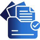 Blue icon of an open folder containing documents, with a check mark symbol in a circle at the bottom right, suggesting completed or approved paperwork.
