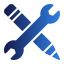 Blue wrench and pencil crossed over each other on a light gray background, symbolizing tools and creativity or customization.