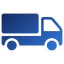 Simple blue icon of a delivery truck facing right, with two wheels, a cab, and a rectangular cargo area, on a light gray background.
